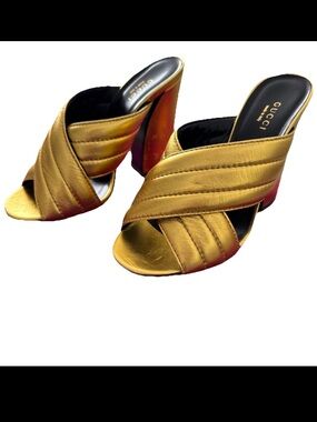 Gucci Gold Quilted Leather Marmont Block Heeled Mules  Size 37 Made In Italy